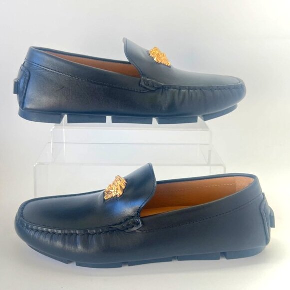 Versace Driver Medusa Shoes Vitello Black Leather Women Flats Size IT40 US10 - Picture 2 of 15